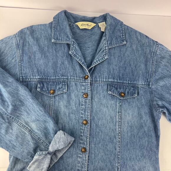 VTG Eddie Bauer Denim Long Sleeve Button Up Maxi Dress Prairie Cottage Modest - Picture 4 of 16